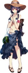 Rule 34 | 1girl, bikini, black hair, food, fruit, full body, hat, highres, kantai collection, kujou ichiso, official art, red eyes, sarong, solo, sun hat, swimsuit, taigei (kancolle), transparent background, watermelon