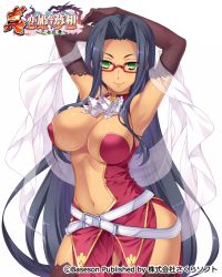 Rule 34 | 1girl, armpits, arms up, bibyo, breasts, cleavage, company name, copyright name, copyright request, cowboy shot, elbow gloves, glasses, gloves, green eyes, grey hair, hair intakes, koihime musou, large breasts, long hair, looking at viewer, midriff, navel, official art, red-framed eyewear, see-through, shuuyu, smile, solo, standing, thighhighs, very long hair, watermark