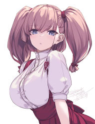 Rule 34 | 1girl, alternate costume, artist name, atlanta (kancolle), breasts, brown hair, dated, grey eyes, high-waist skirt, highres, kantai collection, large breasts, long hair, parted lips, red skirt, rokuwata tomoe, shirt, short sleeves, signature, simple background, skirt, solo, twitter username, two side up, upper body, white background, white shirt