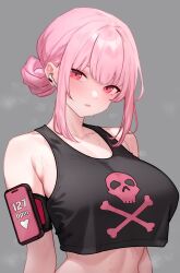 Rule 34 | 1girl, absurdres, black tank top, bluefield, blunt bangs, blush, breasts, crop top, hair bun, highres, hololive, hololive english, large breasts, long hair, looking at viewer, mori calliope, open mouth, pink eyes, pink hair, simple background, solo, sweat, tank top, upper body, virtual youtuber