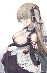 Rule 34 | 1girl, absurdres, arm at side, azur lane, bare shoulders, between breasts, black bow, black dress, blush, bow, breasts, cleavage, closed mouth, clothing cutout, corset, detached collar, dress, formidable (azur lane), frilled dress, frills, from side, gradient background, grey hair, hair bow, highres, kitk qun, large breasts, long hair, long sleeves, looking away, looking down, red eyes, shoulder cutout, skirt hold, solo, standing, twintails, twitter username, very long hair, white background