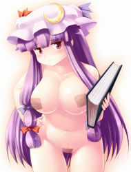 Rule 34 | 1girl, bandaid, bandaid on pussy, bandaids on nipples, book, breasts, crescent, crescent moon, female focus, hat, highres, large breasts, leaning forward, long hair, moon, navel, pasties, patchouli knowledge, purple eyes, purple hair, solo, tdk, touhou, very long hair