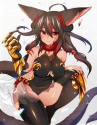 Rule 34 | 1girl, ahoge, animal ears, black hair, black thighhighs, blush, breasts, cleavage, fang, large breasts, looking at viewer, mofuaki, multicolored hair, open mouth, original, red eyes, red hair, smile, solo, thighhighs, two-tone hair