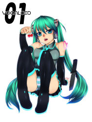 Rule 34 | 1girl, aqua hair, bad id, bad pixiv id, blue eyes, boots, breasts, cherry, detached sleeves, food, fruit, hatsune miku, highres, holding, holding food, holding fruit, knife, long hair, necktie, panties, pantyshot, perky breasts, sitting, skirt, solo, striped clothes, striped panties, thigh boots, thighhighs, tiha, twintails, underwear, upskirt, vocaloid