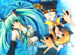 Rule 34 | 2girls, aoi hiro, blonde hair, blush, detached sleeves, green eyes, green hair, hatsune miku, headset, kagamine rin, lying, midriff, multiple girls, navel, necktie, open clothes, open shirt, outstretched arms, outstretched hand, reaching, shirt, shorts, twintails, vocaloid