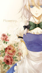 Rule 34 | 1girl, apron, arms behind back, bad id, bad pixiv id, blue eyes, bow, braid, english text, female focus, flower, hair bow, izayoi kura, izayoi sakuya, leaf, looking at viewer, puffy short sleeves, puffy sleeves, red flower, red rose, rose, short hair, short sleeves, silver hair, simple background, solo, touhou, waist apron, white background