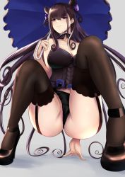 Rule 34 | 1girl, arm behind back, arm support, ass, black bustier, black dress, black footwear, black panties, black thighhighs, blush, breasts, brown hair, bustier, commentary request, cone hair bun, detached collar, double bun, dress, expressionless, fate/grand order, fate (series), frills, garter straps, hair between eyes, hair bun, hair ornament, high heels, highres, holding, holding umbrella, large breasts, long hair, looking at viewer, murasaki shikibu (fate), panties, puffy sleeves, purple eyes, solo, spread legs, squatting, thighhighs, two side up, umbrella, underwear, very long hair, yamikyon