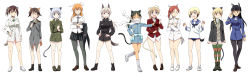 Rule 34 | 501st joint fighter wing, 6+girls, absurdres, adjusting eyewear, agahari, animal ears, bespectacled, black hair, black pantyhose, blonde hair, blue eyes, blush, boots, braid, brown hair, cat ears, cat tail, charlotte e. yeager, charlotte e yeager (cosplay), closed eyes, cosplay, costume switch, eila ilmatar juutilainen, eila ilmatar juutilainen (cosplay), erica hartmann, erica hartmann (cosplay), everyone, fox ears, francesca lucchini, francesca lucchini (cosplay), gertrud barkhorn, gertrud barkhorn (cosplay), glasses, green eyes, hand in pocket, hand on own hip, hands on own hips, highres, legs, long hair, long image, lynette bishop, lynette bishop (cosplay), military, military uniform, minna-dietlinde wilcke, minna-dietlinde wilcke (cosplay), miyafuji yoshika, miyafuji yoshika (cosplay), multiple girls, necktie, no socks, panties, pantyhose, perrine h. clostermann, perrine h clostermann (cosplay), rabbit ears, rabbit girl, rabbit tail, red hair, sailor, sakamoto mio, sakamoto mio (cosplay), sanya v. litvyak, sanya v litvyak (cosplay), scarf, school uniform, serafuku, short hair, silver hair, simple background, single braid, smile, standing, standing on one leg, star (symbol), strike witches, striped clothes, striped legwear, striped panties, striped thighhighs, tail, thighhighs, twintails, underwear, uniform, white pantyhose, wide image, world witches series, yellow eyes