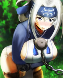 Rule 34 | 10s, 1girl, :p, ainu, ainu clothes, bandana, black thighhighs, blue eyes, blush, breasts, chain, cropped jacket, dress, folded ponytail, grass, headband, hhh (wave), kamoi (kancolle), kantai collection, large breasts, long hair, long sleeves, looking at viewer, sexually suggestive, sideboob, sidelocks, sleeveless, sleeveless dress, solo, thick eyebrows, thighhighs, thighs, tongue, tongue out, tree, white dress, white hair, wrist guards