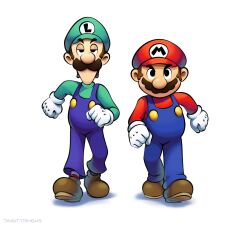 Rule 34 | 2boys, blue overalls, boots, brothers, brown footwear, brown hair, clenched hands, facial hair, gloves, green hat, green shirt, hat, highres, looking at viewer, luigi, mario, mario &amp; luigi rpg, mario (series), masanori sato (style), multiple boys, mustache, nintendo, official style, overalls, red hat, red shirt, red socks, shirt, short hair, siblings, simple background, socks, striped clothes, striped socks, two-tone socks, vinny (dingitydingus), white background, white gloves, white socks