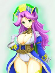 Rule 34 | 1girl, alternate costume, angela (seiken densetsu 3), artist request, breasts, cleavage, earrings, female focus, gloves, green eyes, hair intakes, highres, jewelry, large breasts, long hair, looking at viewer, official alternate costume, open mouth, purple hair, seiken densetsu, seiken densetsu 3, sidelocks, smile, solo, square enix, thick thighs, thighs, very long hair, white gloves