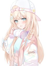 Rule 34 | 1girl, absurdres, aqua eyes, backwards hat, blonde hair, blush, bow, commentary, crop top, cropped shirt, hair bow, hair ornament, hat, headphones, headphones around neck, heckler kai, highres, holding, holding headphones, hololive, jacket, kazama iroha, kazama iroha (streetwear), leaf hair ornament, long hair, long sleeves, looking at viewer, navel, open clothes, open jacket, open mouth, pokobee, puffy long sleeves, puffy sleeves, sidelocks, simple background, solo, upper body, virtual youtuber, white background, white bow, white hat