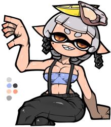 1girl bare_arms bare_shoulders black_pants blue_tube_top breasts brown_pupils cleavage collarbone color_guide cross-shaped_pupils crossed_legs earrings food food_on_head fruit grey_hair grin hand_up inkling jewelry lemon lemon_slice long_hair looking_at_viewer marie_(splatoon) medium_breasts midriff mole mole_under_eye name_omoitukan2 navel nintendo object_on_head official_alternate_costume orange_eyes oyster pants pointy_ears shiny_skin simple_background sitting smile solo splatoon_(series) splatoon_3 strapless suspenders symbol-shaped_pupils teeth tentacle_hair thick_lineart tube_top white_background