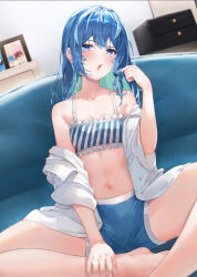 Rule 34 | 1girl, alternate costume, aqua hair, armpit crease, bare legs, bare shoulders, barefoot, blue eyes, blue hair, blue shorts, blurry, blurry background, blush, bra, breasts, cleavage, collared shirt, colored inner hair, commentary request, couch, foot out of frame, frilled bra, frills, hand up, highres, hololive, hoshimachi suisei, indoors, kinoko (shikimylove), long hair, looking at viewer, messy hair, multicolored hair, navel, off shoulder, open clothes, open mouth, open shirt, shiny skin, shirt, short shorts, shorts, sidelocks, sitting, small breasts, solo, underwear, virtual youtuber, white shirt