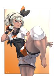 Rule 34 | 1girl, absurdres, barefoot, bea (pokemon), blue eyes, bow, breasts, creatures (company), dark-skinned female, dark skin, feet, game freak, gloves, gym leader, hair bow, hero (do-belman), highres, knee pads, leg lift, looking up, nintendo, poke ball, pokemon, pokemon swsh, short hair, short shorts, shorts, single glove, solo, thick thighs, thighs, toes, white hair