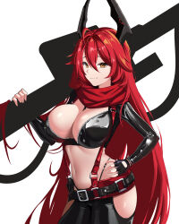 Rule 34 | 1girl, absurdres, anti-materiel rifle, belt, between breasts, black belt, black gloves, black jacket, black pants, breasts, bullpup, cleavage, closed mouth, commentary, cowboy shot, cropped jacket, dori (choejeongmin7), fingerless gloves, gloves, goddess of victory: nikke, gun, hair between eyes, hair intakes, hand on own hip, highres, hip vent, holding, holding gun, holding weapon, horns, jacket, large breasts, leather, leather jacket, leather pants, long hair, long sleeves, looking at viewer, mechanical horns, navel, over shoulder, pants, red hair, red hood (nikke), red scarf, rifle, scarf, sidelocks, silhouette, simple background, skindentation, smile, sniper rifle, solo, standing, stomach, strap between breasts, suspenders, unzipped, weapon, weapon over shoulder, white background, yellow eyes