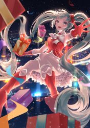 Rule 34 | 1girl, absurdres, aqua eyes, aqua hair, blush, boots, bow, bowtie, christmas, city lights, cityscape, commentary, confetti, doyo c3, dress, english commentary, frilled dress, frills, full body, gift, gloves, hair bow, hair ornament, hatsune miku, high heel boots, high heels, highres, holding, holding gift, long hair, looking at viewer, midair, night, night sky, open mouth, outdoors, red bow, red dress, red footwear, red gloves, sky, smile, solo, very long hair, vocaloid, white bow, white bowtie