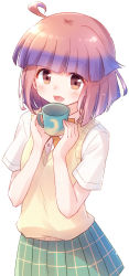 Rule 34 | 1girl, :d, absurdres, ahoge, blue hair, blunt bangs, blunt ends, blush, bow, bowtie, brown eyes, collared shirt, commentary, cup, gradient hair, green skirt, hair flaps, highres, holding, holding cup, looking at viewer, medium hair, mug, multicolored hair, nyaa (nnekoron), open mouth, pink hair, plaid, plaid skirt, pleated skirt, shadow, shiny skin, shirt, simple background, skirt, smile, solo, sweater vest, toyokawa himeno, upper body, white background, white shirt, yakunara mug cup mo, yellow bow, yellow bowtie, yellow stripes, yellow sweater vest
