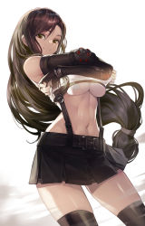 Rule 34 | 1girl, bare shoulders, belt, black belt, black hair, black skirt, black thighhighs, blush, breasts, brown eyes, brown hair, buckle, clothes lift, cowboy shot, dutch angle, elbow gloves, elbow pads, final fantasy, final fantasy vii, fingerless gloves, gloves, goomrrat, highres, large breasts, lifting own clothes, long hair, looking at viewer, low-tied long hair, microskirt, midriff, navel, pencil skirt, pleated skirt, red eyes, shirt, shirt lift, sidelocks, simple background, skirt, sleeveless, sleeveless shirt, smile, solo, suspender skirt, suspenders, tank top, thighhighs, tifa lockhart, underboob, undressing, white background, white shirt, zettai ryouiki