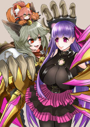 Rule 34 | 10s, 3girls, :3, @ (symbol), @ @, animal ears, animal hands, bare shoulders, bell, bow, breasts, claw (weapon), claws, cleavage, collar, crossover, erune, fangs, fate/extra, fate/extra ccc, fate/grand order, fate (series), fox ears, fox tail, granblue fantasy, grey hair, hair between eyes, hair ribbon, highres, huge breasts, ichinose rom, long hair, mini person, minigirl, multiple girls, neck bell, o-ring, o-ring top, open mouth, passionlip (fate), pink eyes, pink hair, purple eyes, purple hair, red eyes, ribbon, sen (granblue fantasy), smile, tail, tamamo (fate), tamamo cat (fate), tamamo no mae (fate/extra), trait connection, very long hair, weapon, yellow eyes