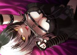 Rule 34 | 1girl, arm strap, arm warmers, bed sheet, belt, black belt, black dress, black hair, black nails, breasts, chest belt, cleavage, dress, fingernails, grey hair, hair ornament, highres, holding, holding scissors, hololive, hololive english, jewelry, large breasts, long hair, looking at viewer, lying, multicolored hair, nail polish, on back, open mouth, ring, scissors, shiori novella, shiori novella (1st costume), sleeveless, sleeveless dress, solo, split-color hair, sppzr, striped arm warmers, teeth, tongue, tongue out, two-tone hair, virtual youtuber, yellow eyes