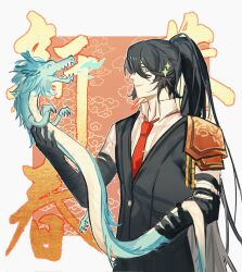 Rule 34 | 1boy, ^ ^, animal, armor, black gloves, black hair, black vest, blue eyes, chinese text, chinese zodiac, claws, closed eyes, collared shirt, dragon, eastern dragon, gloves, high ponytail, highres, holding, holding animal, hong lu (project moon), horns, jing84672940, limbus company, long hair, long sleeves, looking at animal, necktie, pauldrons, project moon, red necktie, sharp teeth, shirt, shoulder armor, single pauldron, smile, sparkle, teeth, vest, white shirt, year of the dragon