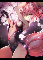 Rule 34 | 1girl, animal ears, artist request, bare shoulders, bell, black dress, black gloves, breasts, center opening, china dress, chinese clothes, closed mouth, dress, fate/grand order, fate (series), fox ears, fox girl, fox tail, glasses, gloves, hair between eyes, highres, hip focus, jingle bell, koyanskaya (chinese lostbelt outfit) (fate), koyanskaya (fate), large breasts, long hair, looking at viewer, petals, pink hair, smile, solo, tail, tamamo (fate), tassel, thighs, underboob, yellow eyes