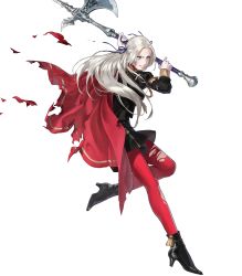Rule 34 | 1girl, ankle boots, axe, battle axe, black dress, black footwear, boots, cape, dress, edelgard von hresvelg, fire emblem, fire emblem: three houses, fire emblem heroes, full body, gloves, high heel boots, high heels, highres, long hair, long sleeves, nintendo, pantyhose, parted bangs, red cape, red pantyhose, short dress, solo, suda ayaka, torn cape, torn clothes, torn pantyhose, transparent background, weapon, white gloves