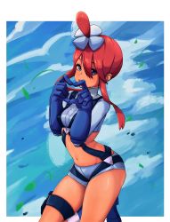 Rule 34 | 1girl, 2049 (hh5566), :d, belt, blue belt, blue eyes, blue footwear, blue gloves, blue jacket, blue shorts, blue sky, boots, breasts, cloud, cowboy shot, creatures (company), cropped jacket, eyebrows hidden by hair, game freak, gloves, groin, gym leader, hair between eyes, hair ornament, hands up, heart, heart hands, highres, jacket, knee boots, looking at viewer, medium breasts, midriff, navel, nintendo, one side up, open mouth, pokemon, pokemon bw, pouch, red hair, short hair with long locks, short shorts, shorts, sidelocks, skindentation, sky, skyla (pokemon), smile, solo, standing, standing on one leg, teeth, thigh pouch, turtleneck, upper teeth only, wind