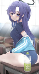 Rule 34 | 1girl, absurdres, blue archive, blue eyes, highres, long hair, pineapple (pine), purple hair, short sleeves, sitting, solo, two side up, yuuka (blue archive)