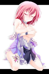 Rule 34 | 1girl, blue dress, blue skirt, blush, breast hold, breasts, bug, butterfly, cleavage, clothes pull, collarbone, covering privates, covering breasts, dress, dress pull, closed eyes, female focus, highres, bug, large breasts, letterboxed, off shoulder, pink hair, revision, saigyouji yuyuko, santa (kaisou hikuutei), short hair, sitting, skirt, smile, solo, tattoo, touhou