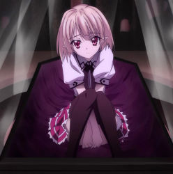 Rule 34 | 10s, 1boy, androgynous, blonde hair, coffin, crossdressing, gasper vladi, high school dxd, highres, male focus, pointy ears, red eyes, school uniform, screencap, sitting, skirt, solo, stitched, thighhighs, third-party edit, trap, vampire