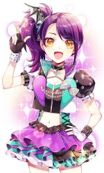 Rule 34 | asymmetrical gloves, bad id, bad pixiv id, blush, breasts, brown eyes, choker, cleavage, cowboy shot, dress, gloves, hand on own hip, long hair, mismatched gloves, purple hair, side ponytail, smile, solo, sparkle, toudou shion