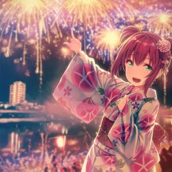 Rule 34 | 10s, 1girl, :d, alternate hairstyle, aqua eyes, bad id, bad twitter id, blurry, blurry background, clenched hand, commentary request, double bun, fireworks, flower, hair bun, hair flower, hair ornament, hand on own chest, highres, japanese clothes, kanzashi, kimono, kurosawa ruby, long sleeves, looking at viewer, love live!, love live! sunshine!!, obi, open mouth, pointing, red hair, sash, sidelocks, siva (executor), smile, solo, upper body, wide sleeves