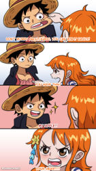 Rule 34 | 1boy, 1girl, black coat, black hair, blush, brown hair, cheek pinching, coat, coat on shoulders, collarbone, commentary, earrings, english commentary, facial scar, gradient background, hair ornament, hat, highres, jewelry, long hair, looking at another, monkey d. luffy, nami (one piece), official alternate costume, one piece, open clothes, open mouth, open shirt, orange hair, pearl earrings, pectorals, pinching, pointing, red shirt, scar, scar on cheek, scar on chest, scar on face, shampowrado, shirt, short hair, shoulder tattoo, sparkle, straw hat, tattoo, twitter username, upper body, wavy hair