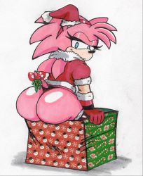 Rule 34 | amy rose, ass, candy, candy cane, food, furry, furry female, gift, highres, huge ass, mistletoe, mistletoe on tail, panties, pink fur, sega, short tail, snowman, solo, sonic (series), sonic cd, sonic the hedgehog (classic), tail, thong, tight clothes, underwear, vampiricpig, wedgie