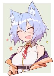 Rule 34 | 1girl, alternate costume, animal ears, blue hair, blush, breasts, cat ears, collarbone, closed eyes, facial scar, fang, highres, large breasts, looking at viewer, off shoulder, open mouth, original, ryota tentei, scar, scar on cheek, scar on face, short hair, smile, solo, tora tentei, upper body