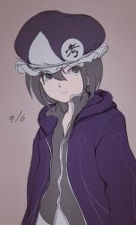 Rule 34 | androgynous, bad id, bad twitter id, brown background, closed mouth, coat, commentary request, dated, frilled hat, frills, grey eyes, grey hair, grey shirt, hat, hood, hood down, hooded coat, len&#039;en, long sleeves, nasubi (ajsswofbck8), open clothes, open coat, other focus, purple coat, purple hat, shirt, shitodo kuroji, short hair, simple background, sketch, solo, upper body