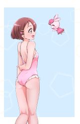 Rule 34 | 1girl, :d, absurdres, arm behind back, ass, boh stick, border, brown eyes, brown hair, casual one-piece swimsuit, flower, frilled swimsuit, frills, from behind, hair flower, hair ornament, hairclip, hanadera nodoka, healin&#039; good precure, highres, one-piece swimsuit, open mouth, outside border, pink flower, pink one-piece swimsuit, precure, rabirin (precure), shiny skin, short hair, shoulder blades, smile, solo, standing, swimsuit, white border