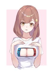 Rule 34 | 1girl, blouse, blush, breast focus, breasts, brown hair, cleavage, cleavage cutout, clothing cutout, collarbone, commentary request, cropped torso, framed, hair ornament, hairclip, han (ozrfour), hands up, highres, large breasts, looking at viewer, medium hair, nanami (virtuareal), nijisanji, nintendo switch, no bra, outside border, parted lips, pink background, print shirt, shirt, simple background, smiley face, solo, t-shirt, upper body, virtual youtuber, virtuareal, white shirt, yellow eyes