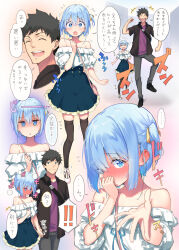 Rule 34 | &gt; &lt;, 2boys, absurdres, bag, bare shoulders, black hair, black thighhighs, blouse, blue eyes, blue hair, blue skirt, blush, buttons, embarrassed, full-face blush, high-waist skirt, highres, holding hands, jitome, looking at viewer, male focus, multiple boys, off-shoulder shirt, off shoulder, one side up, open mouth, original, pants, shirt, short hair, shoulder bag, skirt, smile, thighhighs, translation request, uro (urotanc), white footwear, white shirt, yaoi