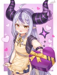Rule 34 | 1girl, absurdres, ahoge, alternate costume, apron, apron tug, asmr, bandaid, blush, box, casual, chocolate, clothes tug, collared shirt, demon girl, demon horns, fang, from above, gift, heart-shaped box, highres, hololive, holox, horn ornament, horn ribbon, horns, la+ darknesss, long hair, looking at viewer, miko no kamiko, miniskirt, multicolored hair, neck ribbon, nervous, open mouth, pleated skirt, pointy ears, purple hair, reaching, reaching towards viewer, ribbon, shirt, short sleeves, signature, silver hair, simple background, skirt, solo, streaked hair, striped clothes, striped horns, striped shirt, thighhighs, thighs, trembling, upturned eyes, valentine, very long hair, virtual youtuber, wristband, yellow eyes, zettai ryouiki