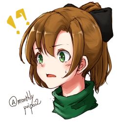 Rule 34 | !?, 1girl, akigumo (kancolle), alternate hair length, alternate hairstyle, brown hair, commentary request, green eyes, hair ribbon, highres, kantai collection, long hair, ponytail, portrait, ribbon, simple background, solo, turtleneck, twitter username, umibudou, upper body, white background