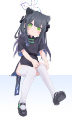 Rule 34 | 1girl, adjusting clothes, adjusting legwear, animal ears, black dress, black footwear, black hair, black ribbon, blue archive, blush, china dress, chinese clothes, dress, full body, green eyes, hair ornament, hair ribbon, halo, highres, invisible chair, long hair, looking at viewer, machico maki, mary janes, multicolored hair, purple hair, ribbon, shoes, short sleeves, shun (blue archive), shun (small) (blue archive), signature, simple background, sitting, smile, solo, thighhighs, white thighhighs