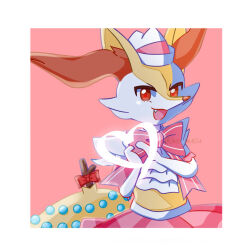 Rule 34 | 1girl, animal ear fluff, animal ears, animal nose, artist name, ascot, body fur, border, bow, bowtie, braixen, clothed pokemon, creatures (company), fang, female focus, fox ears, fox girl, fox tail, furry, furry female, game freak, gen 6 pokemon, hands up, happy, hat, heart, heart hands, heart in heart hands, looking at viewer, nintendo, open mouth, pink background, pink bow, pink bowtie, pink skirt, pokemon, pokemon (creature), porkpie hat, red bow, red eyes, signature, simple background, skirt, smile, snout, solo, standing, stick, tail, tail ornament, twitter username, two-tone fur, ume musubi, upper body, white ascot, white border, white fur, white hat, yellow fur