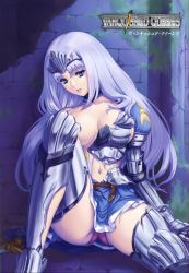 Rule 34 | 10s, 1girl, absurdres, annelotte, annelotte (queen's blade), armor, armored dress, blue eyes, breasts, broken armor, censored, convenient censoring, damaged, eiwa, elbow gloves, gloves, highres, knight princess annelotte, large breasts, leg up, legs, long hair, long legs, miniskirt, navel, panties, pantyshot, pink panties, purple hair, purple panties, queen&#039;s blade, queen&#039;s blade rebellion, queen&#039;s blade vanquished queens, sitting, skirt, solo, thighhighs, thighs, tiara, torn clothes, underwear