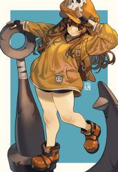 Rule 34 | 1girl, anchor, anchor symbol, backpack, bag, bare legs, bike shorts, black gloves, blue background, brown eyes, brown hair, cabbie hat, dated, duplicate, fingerless gloves, gloves, guilty gear, guilty gear strive, hat, highres, jacket, long hair, may (guilty gear), orange hat, orange jacket, pirate, pirate hat, pixel-perfect duplicate, poch4n, salute, signature, skull and crossbones, smile, solo, thick thighs, thighs