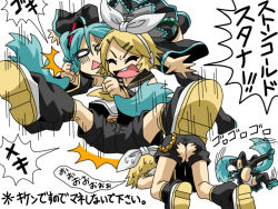 Rule 34 | 2girls, :&lt;, :d, ^^^, angelin, aqua hair, black legwear, blonde hair, blue hair, boots, bow, closed eyes, covering privates, covering crotch, detached sleeves, failure, grabbing another&#039;s hair, hair bow, hair ornament, hair ribbon, hairclip, hatsune miku, headband, headphones, headset, holding head, kagamine rin, leg warmers, long hair, lying, multiple girls, necktie, on back, on floor, open mouth, pain, panties, pantyshot, ribbon, sailor collar, short hair, shorts, skirt, smile, spread legs, stone cold steve austin, stunner, sweatdrop, torn clothes, torn legwear, twintails, underwear, very long hair, vocaloid, wince, wrestling, wwe, you&#039;re doing it wrong