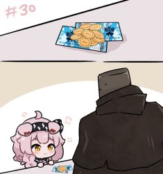Rule 34 | 1girl, 1other, ahoge, animal ears, arknights, black hairband, black jacket, blush, braid, brown eyes, cannot goodenough, cat ears, chibi, closed mouth, coin, commentary, english commentary, goldenglow (arknights), hairband, hands up, jacket, kurotofu, lightning bolt print, long hair, money, pink hair, short eyebrows, single braid, smile, thick eyebrows