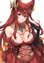 Rule 34 | 1girl, :o, animal ears, anthuria, bare shoulders, black gloves, braid, breasts, cleavage, dress, erune, gloves, granblue fantasy, hair ornament, highres, koretsuki azuma, large breasts, long hair, looking at viewer, red dress, red eyes, red hair, simple background, solo, white background